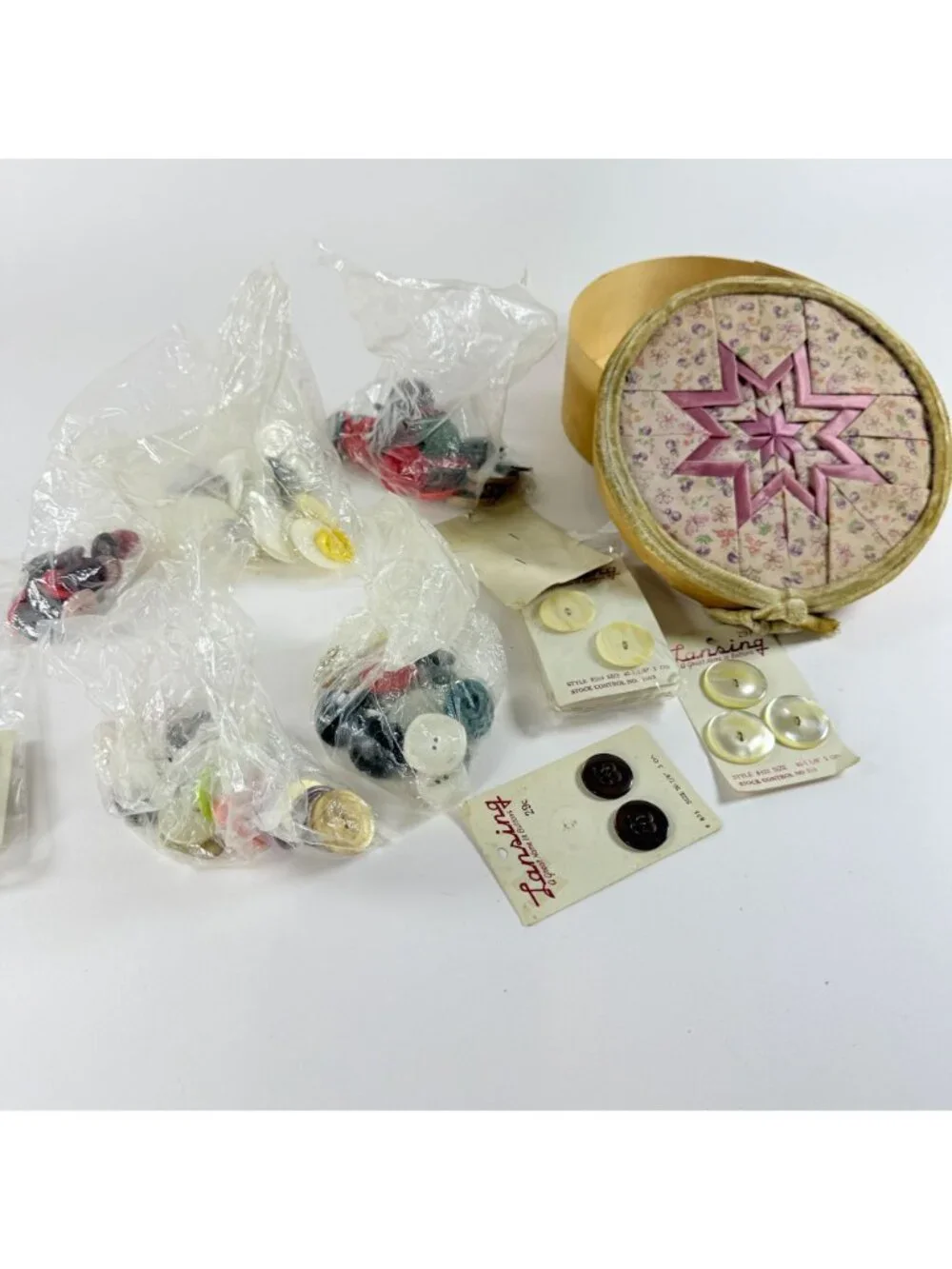Vintage Round Button & Floral Star Design Quilted Fabric Storage Box